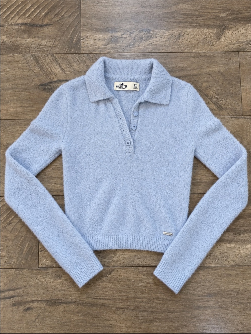 Hollister Women’s XS Blue Fuzzy Knit Collared Sweater Long Sleeve Polo Y2K